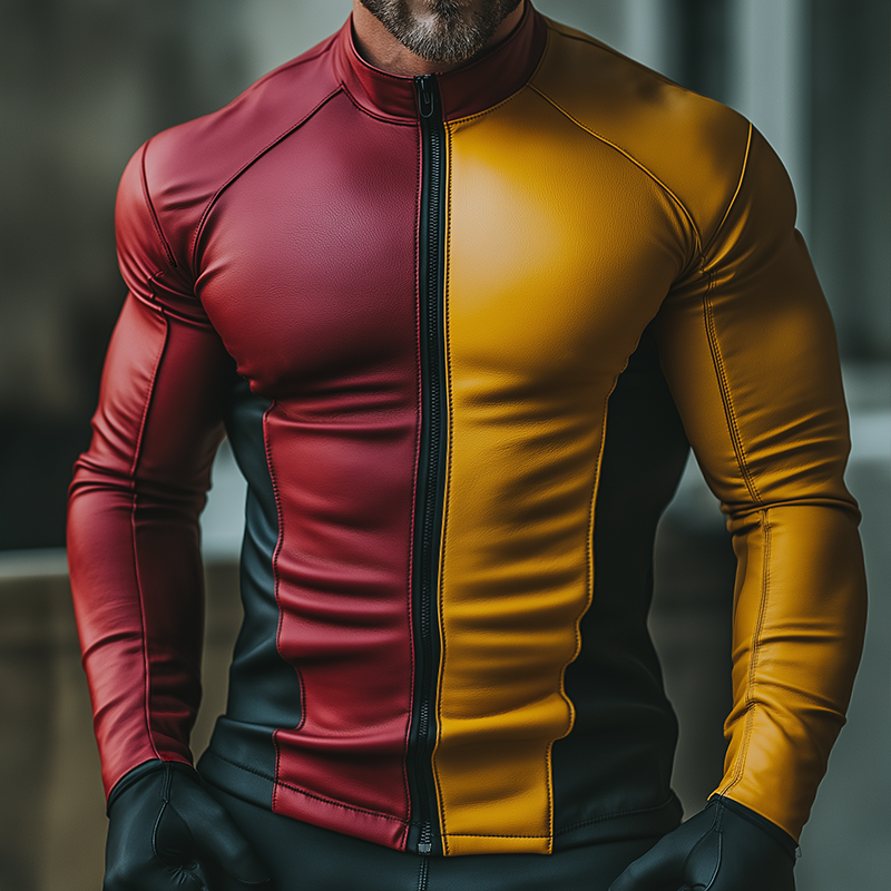 Men's Retro Casual Color Block PU Zipper Slim Fit Stand Collar Jacket MTA1871K9TO