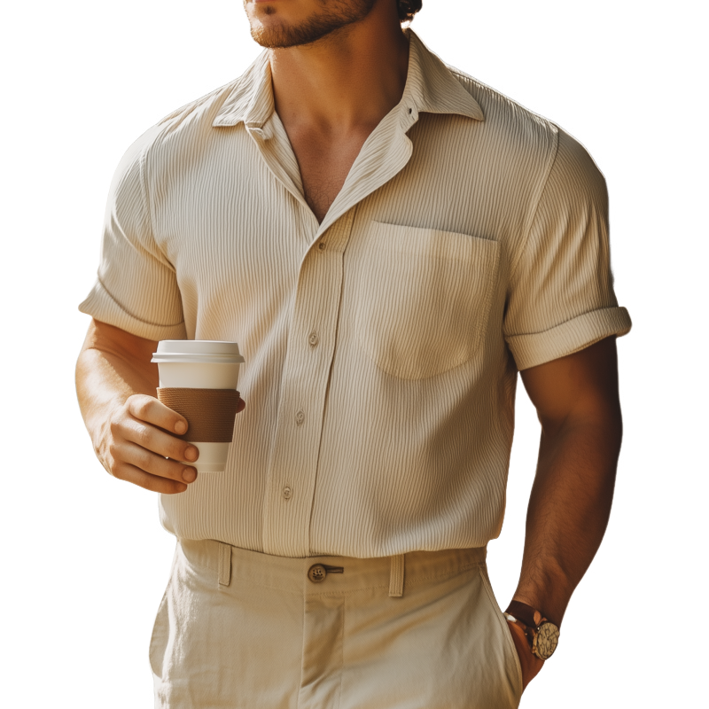 Men's Casual Cotton Blended Stripe Lapel Patch Pocket Loose Short Sleeve Shirt MTA1042F0M