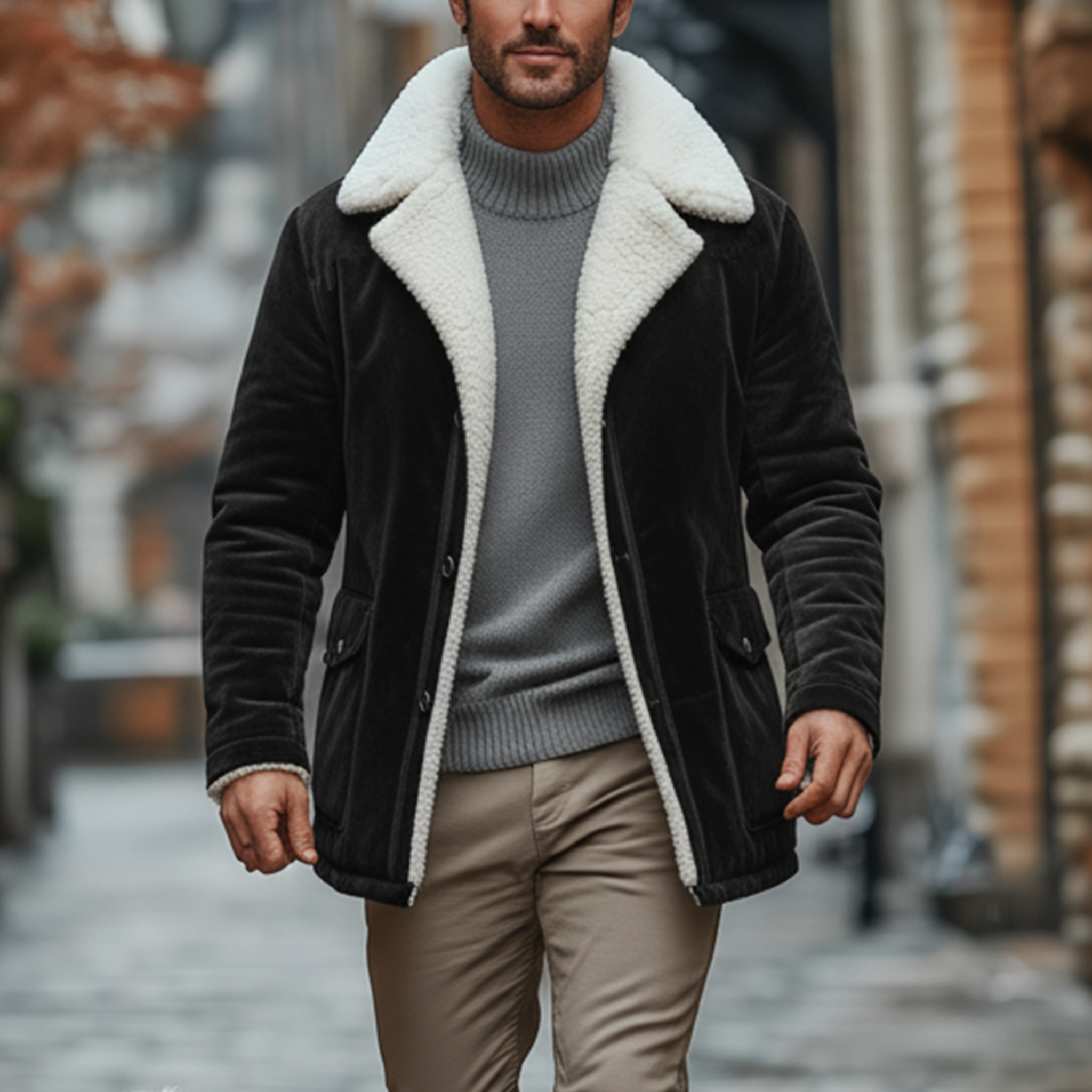 Men's Classic Casual Lapel Fleece Lining Button Faux Velvet Coat MTA0550K1K