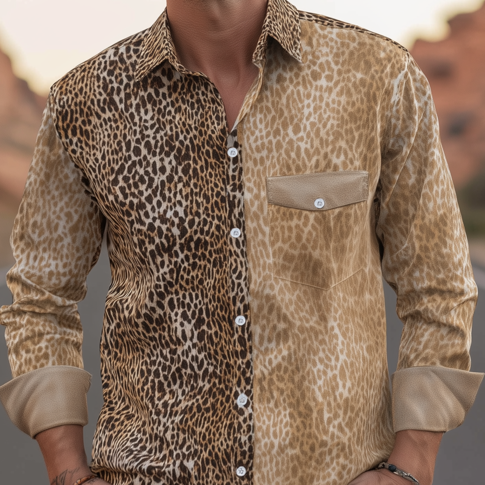 Men's Classic Retro Western Style Cuffs Suede Patchwork Leopard Print Cotton Blend Long Sleeve Shirt MTA2231H4K