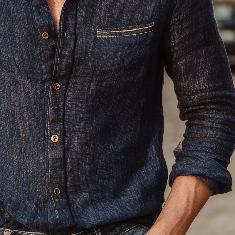 Men's Solid Color Cotton And Linen Lapel Long-sleeved Shirt MTA0817G3X