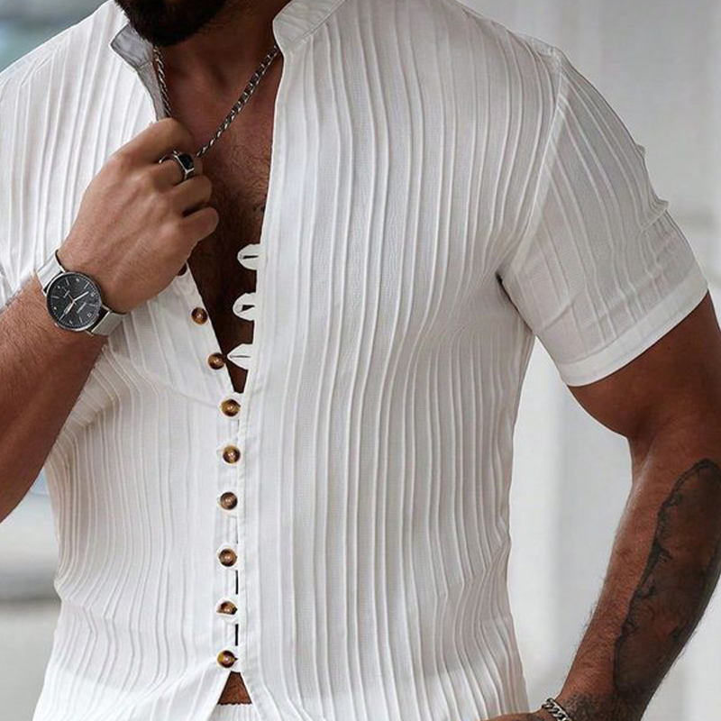 Men's Solid Color Striped Textured Stand Collar Short Sleeve Shirt MTA0555G4X