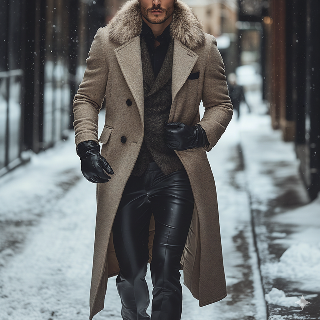 Men's Winter Retro Faux Wool Faux Fur Collar Button Long Coat MTA2793K8P