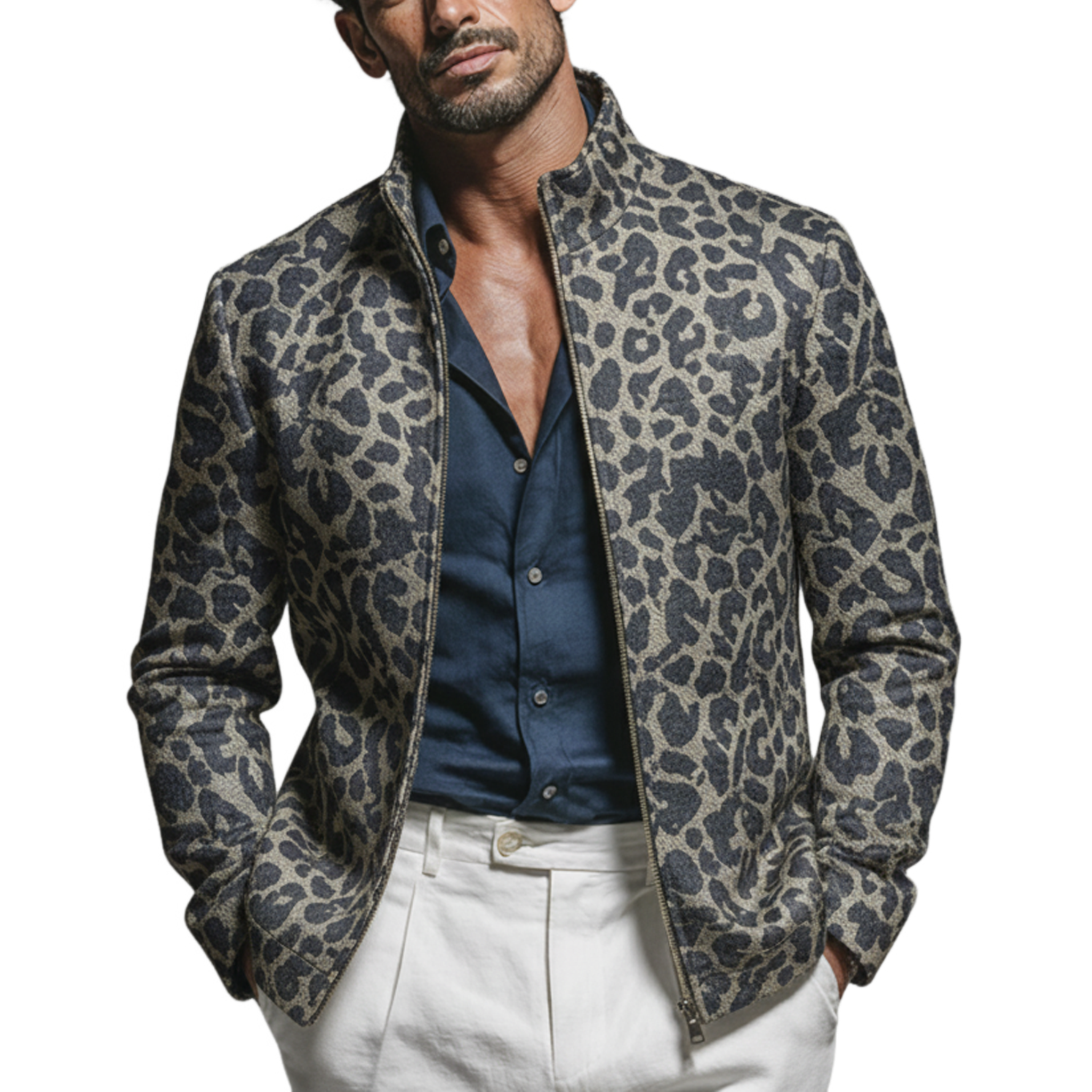 Men's Classic Retro Denim Jacquard Leopard Print Stand Collar Jacket MTA0193L6K