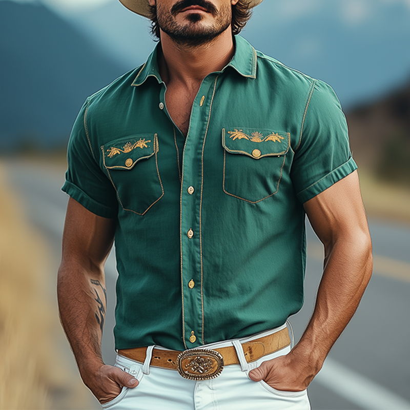 Men's Casual American Western Tough Style Cotton Blend Embroidered Slim Short Sleeve Shirt MTA1639F7K