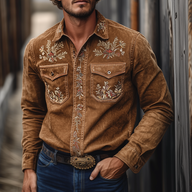 Men's Vintage Western Embroidered Lapel Long Sleeve Shirt MTA2036H6X