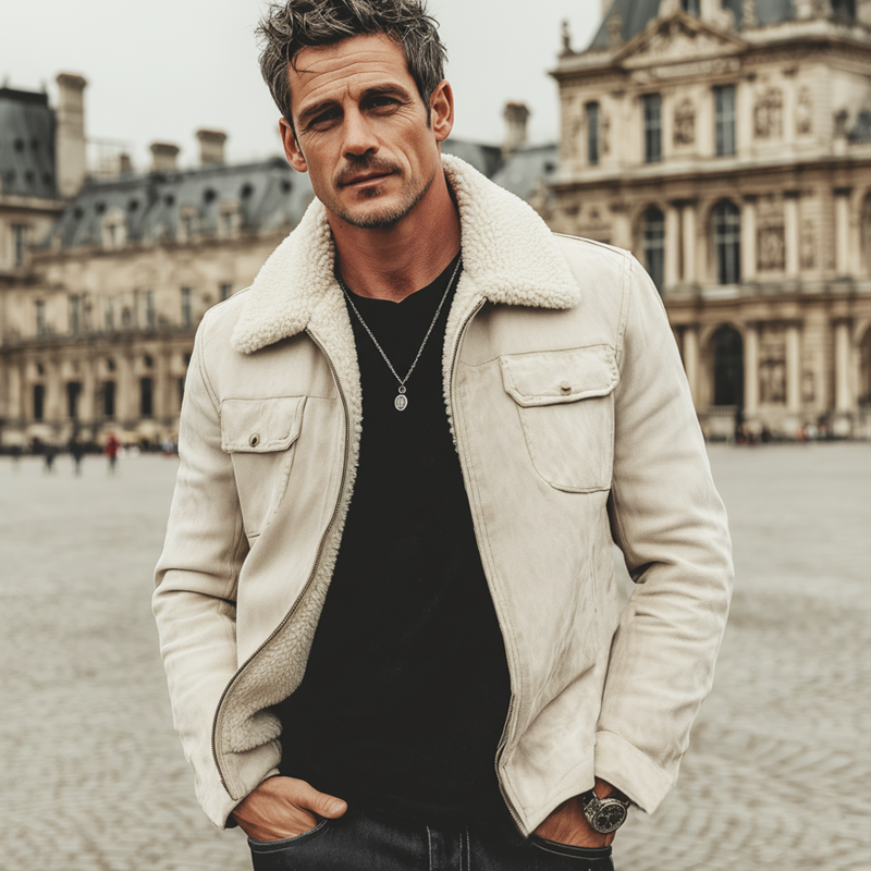 Men's Urban Light Beige Suede And Warm Fleece Lined Jacket MTA1301K9U