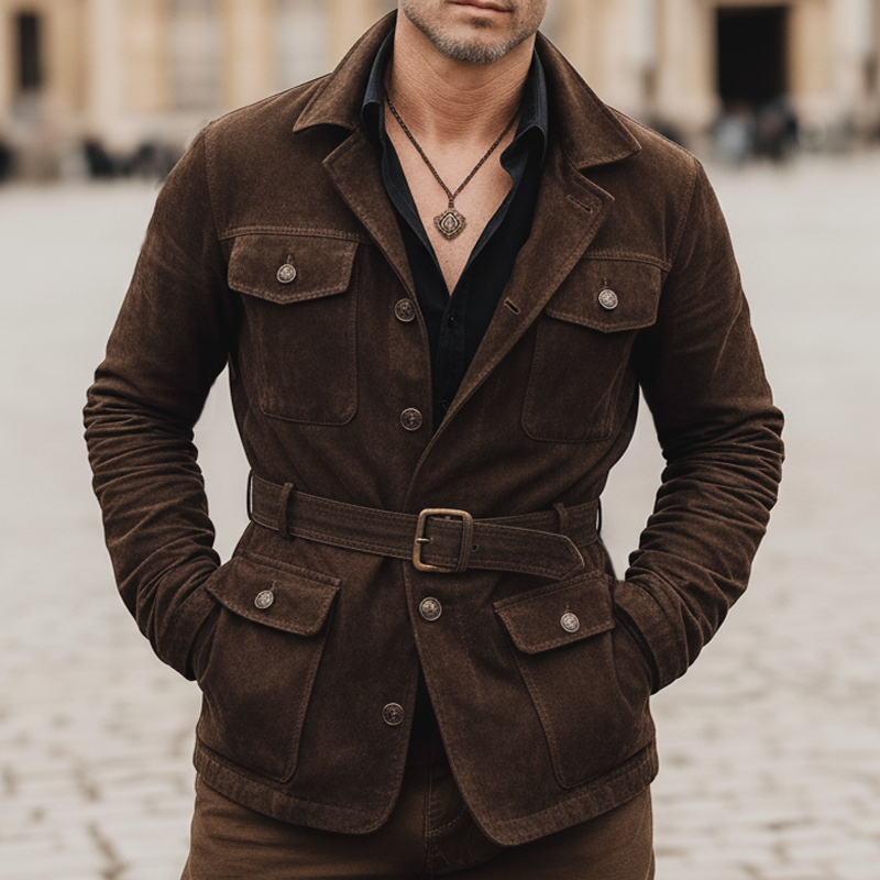 Men's Classic Elegant Dark Brown Faux Suede Belted Jacket MTA3075L4U