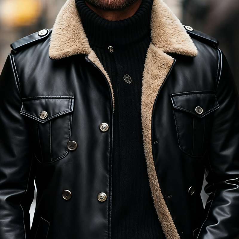 Men's Lapel Polar Fleece Lining Multi-pocket Mid-length PU Coat MTA1707J5X