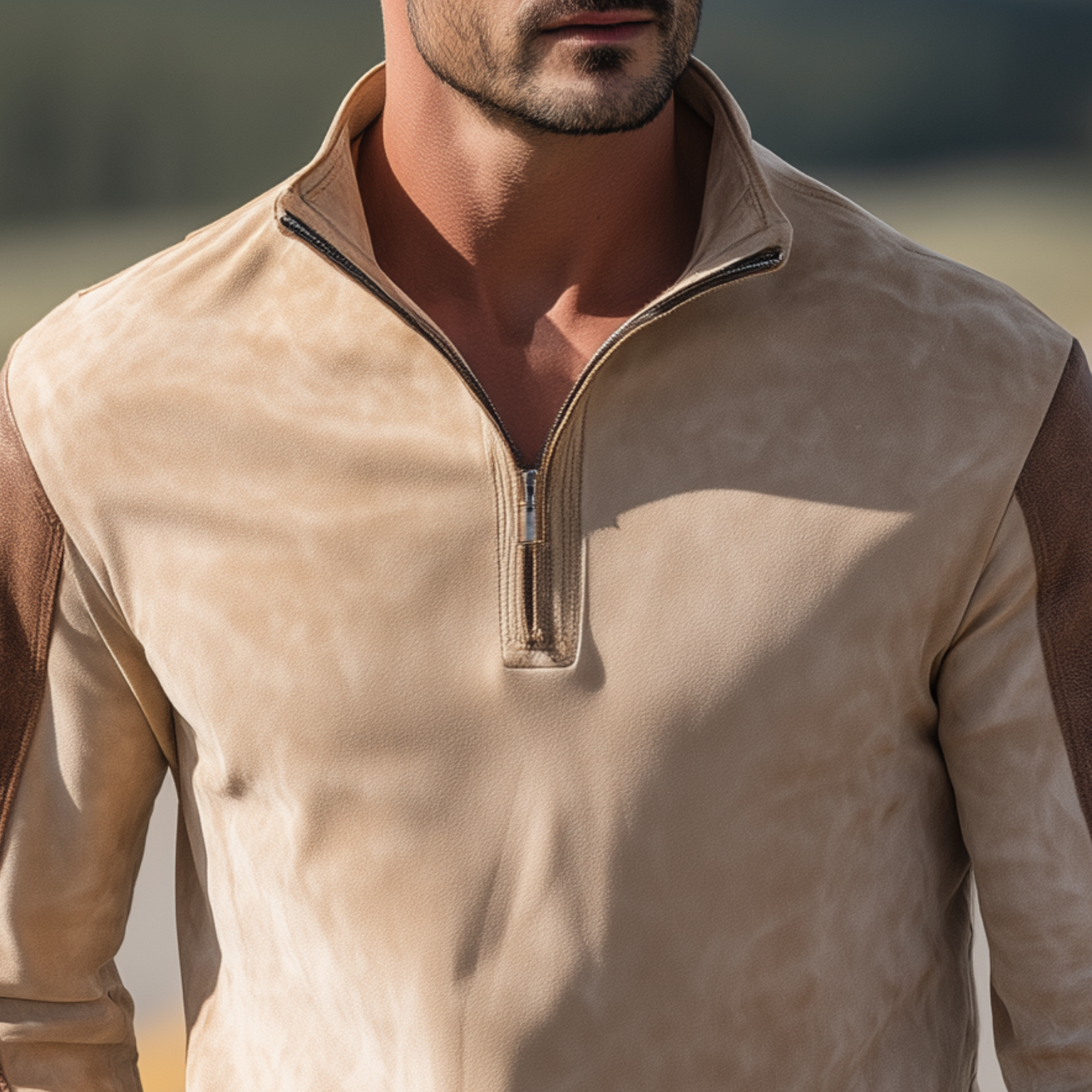 Men's Classic Retro Western Style Sleeves Stitching PU Leather Stand Collar Suede Long-sleeved T-shirt MTA1907H4K