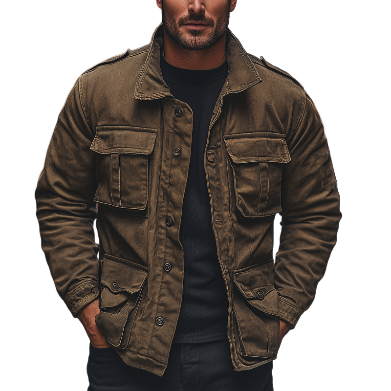 Men's Vintage Washed Canvas Multi-Pocket Loose Jacket MTA1982H2X