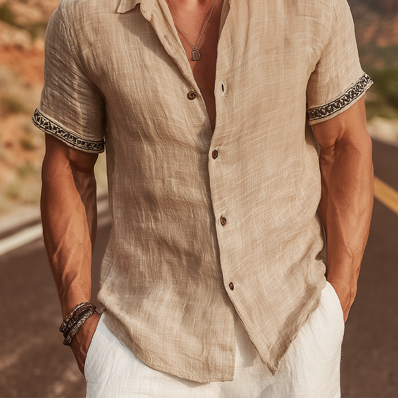 Men's Classic Casual Cotton And Linen Cuffs Decorative Ribbon Short-sleeved Shirt MTA1459G7K