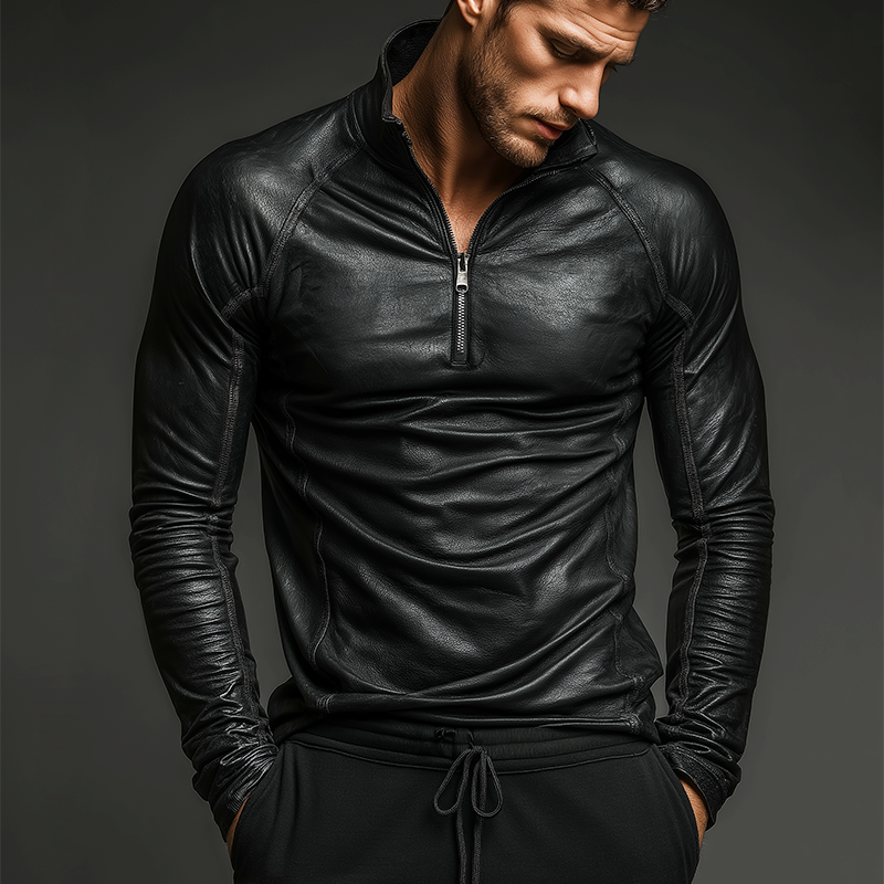 Men's Retro Casual PU Zipper Long-Sleeve T-Shirt MTA1922K2TO