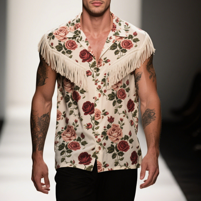 Men's Retro Casual Rose Knight Print Tassel Lapel Sleeveless Shirt MTA2955E4TO