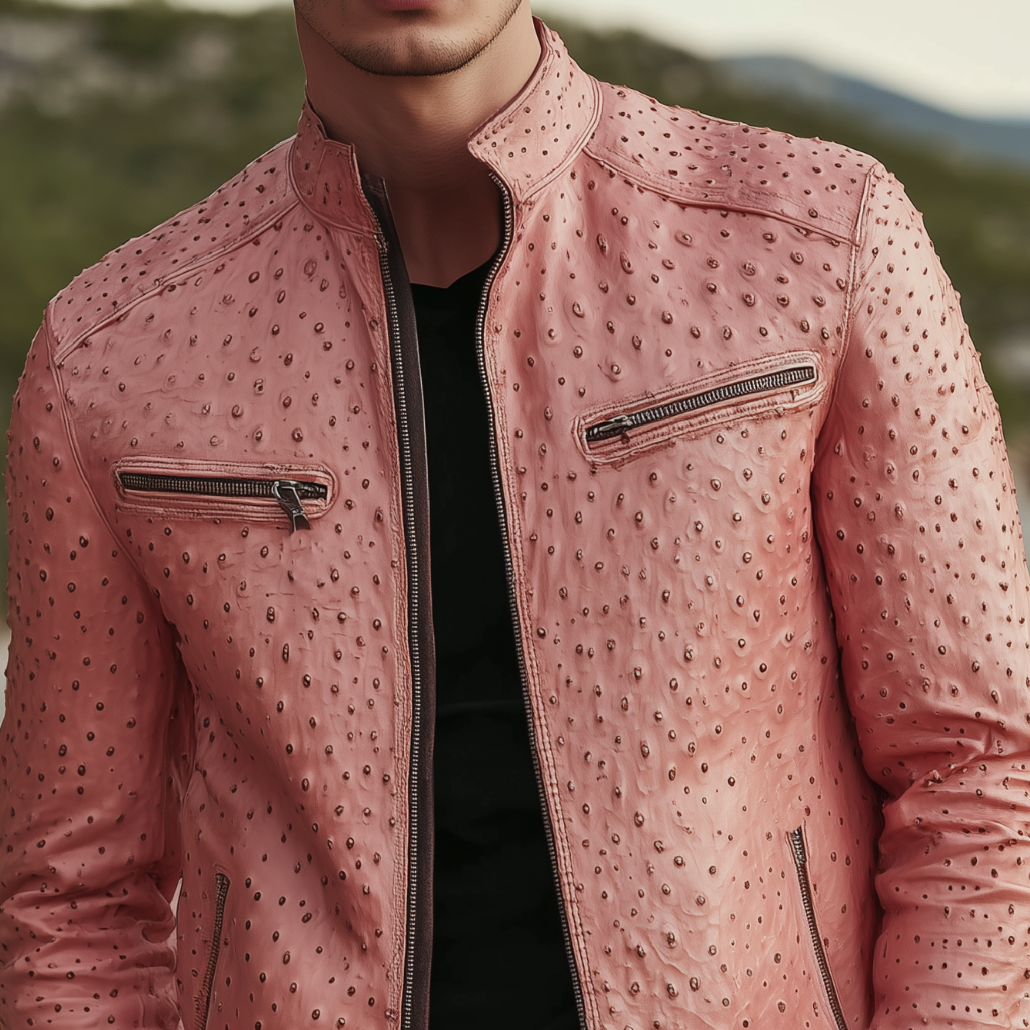 Men's Classic Retro Stand Collar Textured Pink PU Leather Slim Zipper Jacket MTA1646H9K