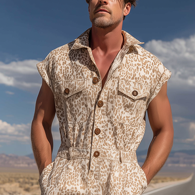 Men's Spring And Summer Fashion Casual Cotton Blended Printed Multi-Pocket Shirt-Style Jumpsuit MTA1046G3K