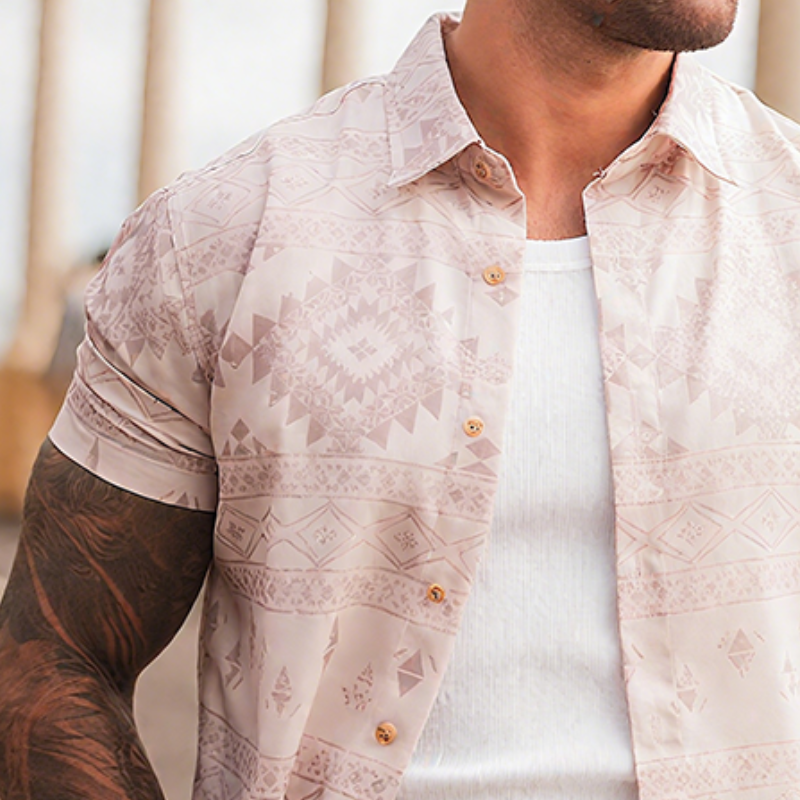 Men's Retro Street Geometric Print Lapel Short Sleeve Shirt MTA2370G4TO