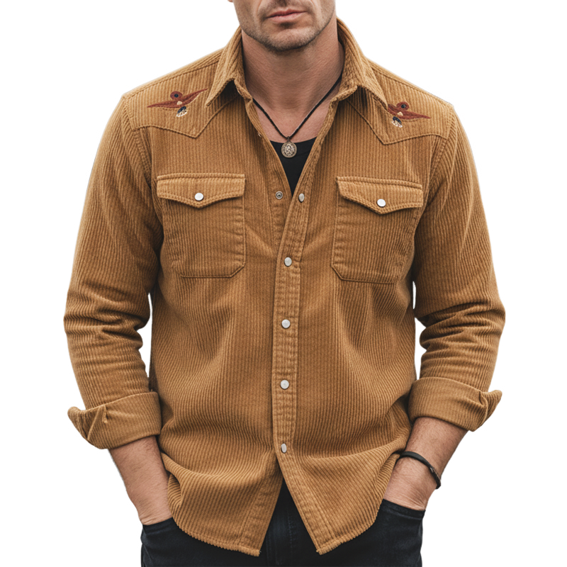 Men's Classic Corduroy Embroidered Casual Long-sleeved Shirt MTZ0537A6U