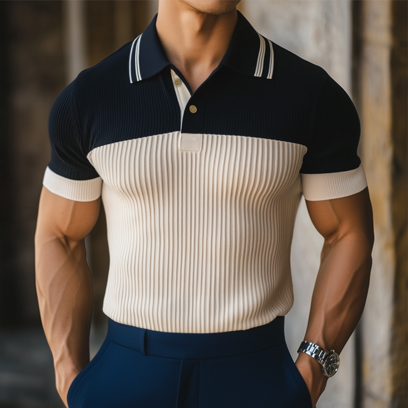 Men's Summer Business Contrast Color Knitted Polo Neck T-Shirt MTA0638F2U