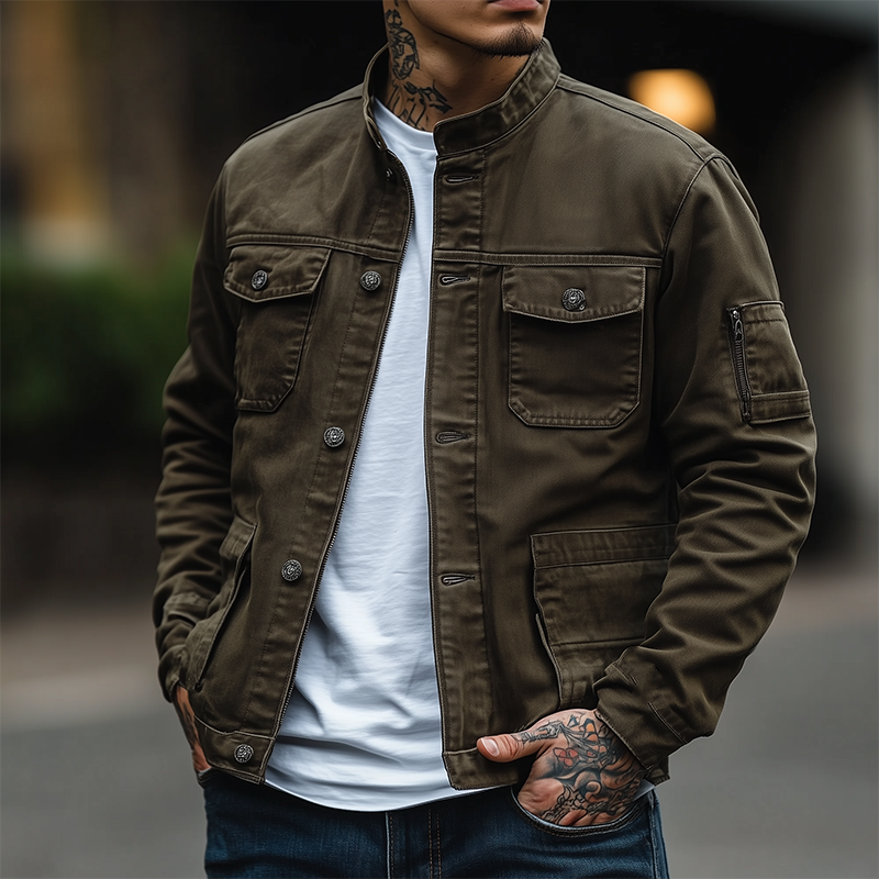 Men's Retro Washed Multi-Pocket Denim Jacket MTA1507K2P