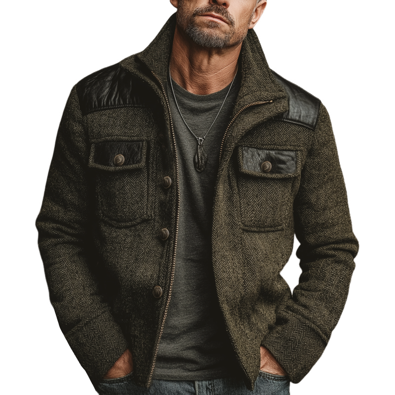 Men's Classic Stand-collar Herringbone Pattern Faux Wool And PU Leather Jacket MTA2000K1U