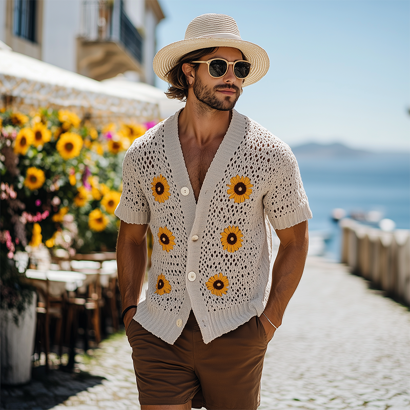 Men's Spring And Summer Fashion Casual Vacation Style Knitted Hollow Flower Short-sleeved Shirt MTA2187F8K