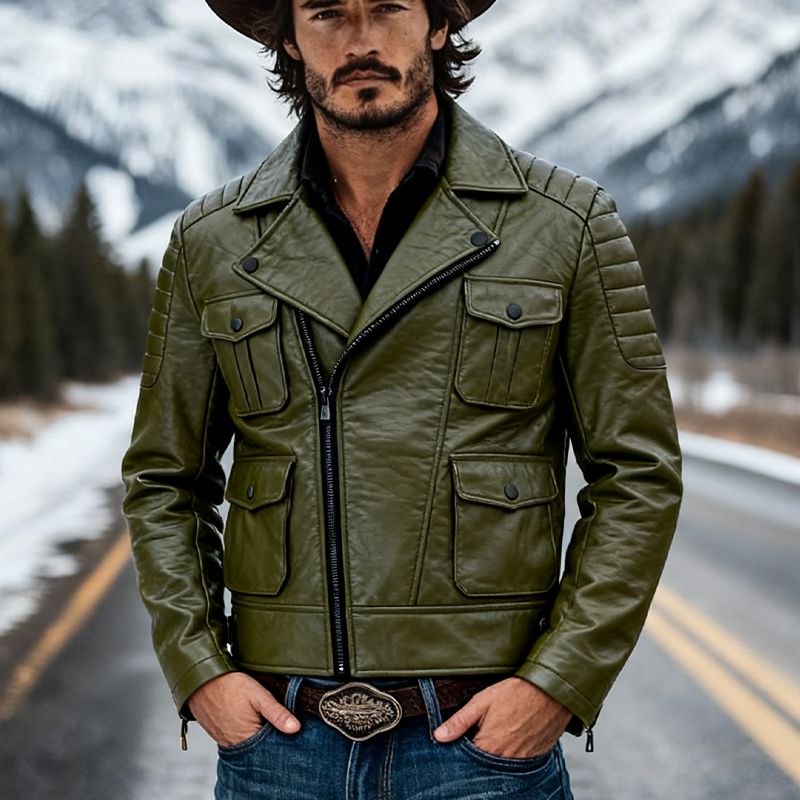 Men's Solid Color Multi-pocket Zipper Motorcycle Style PU Jacket MTA1714K4X