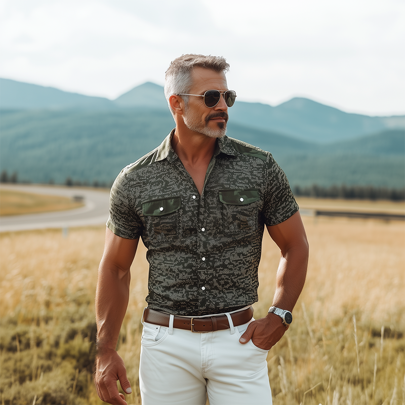Men's Classic Retro American Western Camouflage Print Cotton Blend Multi-pocket Slim Fit Short-sleeved Pearl Snap Shirt MTA0564F7K