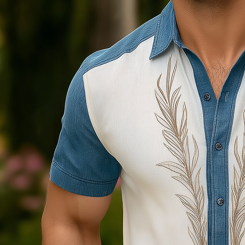 Men's Summer Fashion Patchwork Knitted Embroidery Short Sleeve Shirt MTA0686F3P