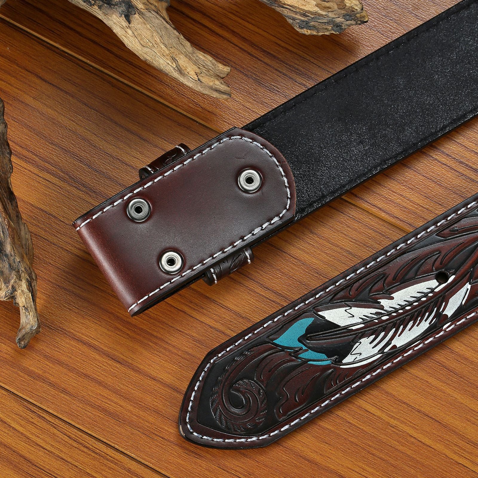 Men's Vintage Genuine Leather Punk Style Embossed Feather Snap Belt MTA0850E9U