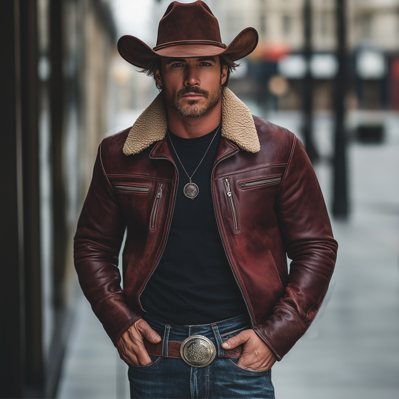 Men's Classic Burgundy Patchwork Lambswool Collar Zipper PU Leather Jacket MTA0593K7U