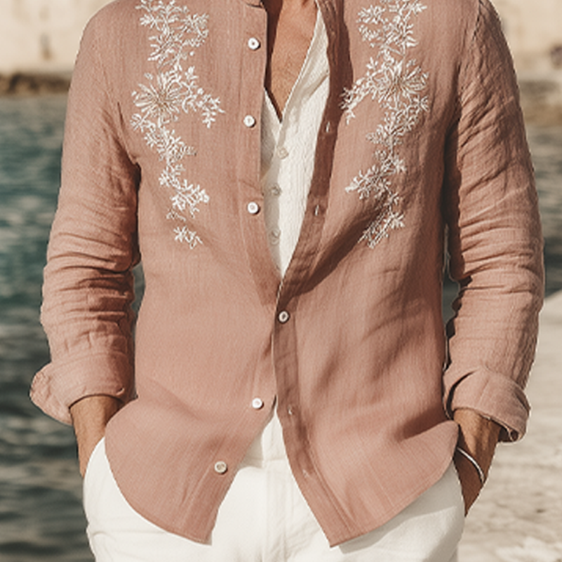 Men's Spring And Summer Retro Exquisite Embroidered Tencel Cotton Stand Collar Long Sleeve Shirt MTA1618G6K