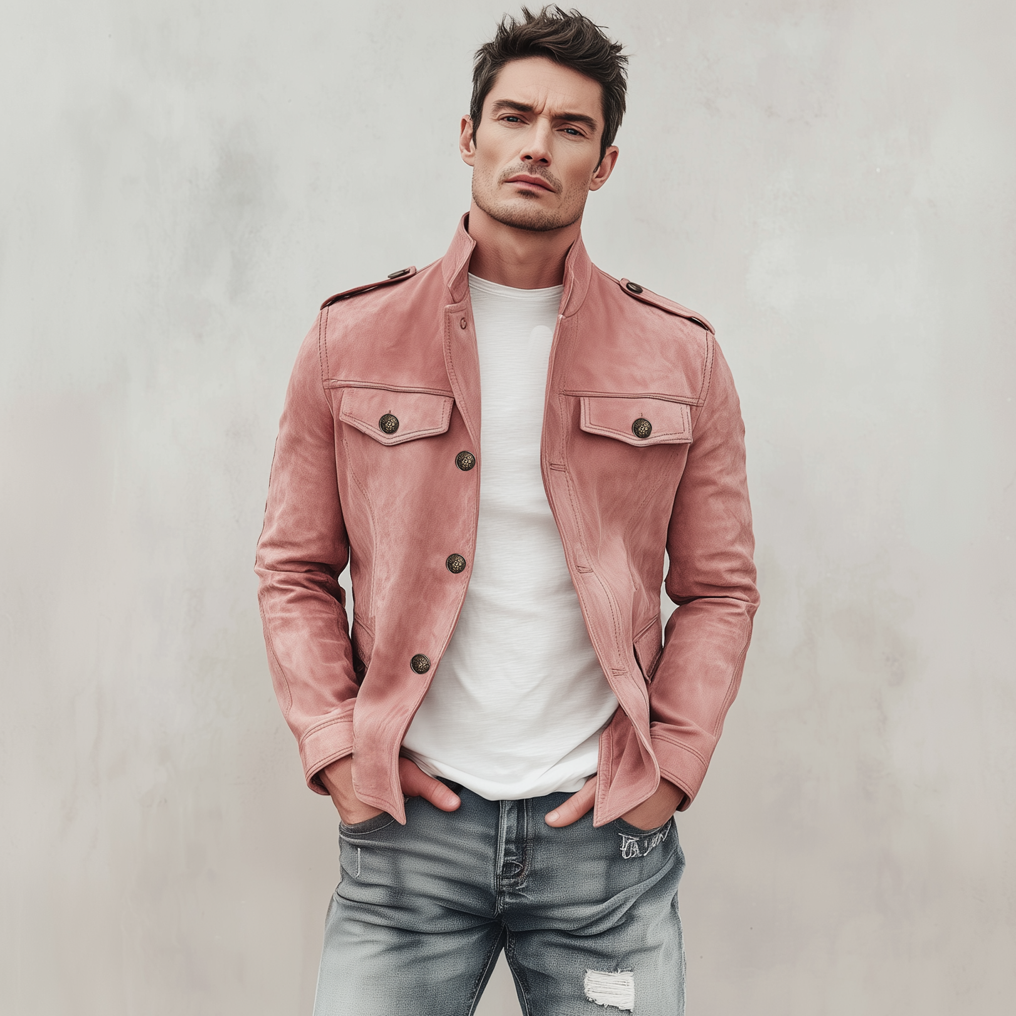 Men's Classic Retro Stand Collar Multi-pocket Pink Suede Slim Jacket MTA2232H7K