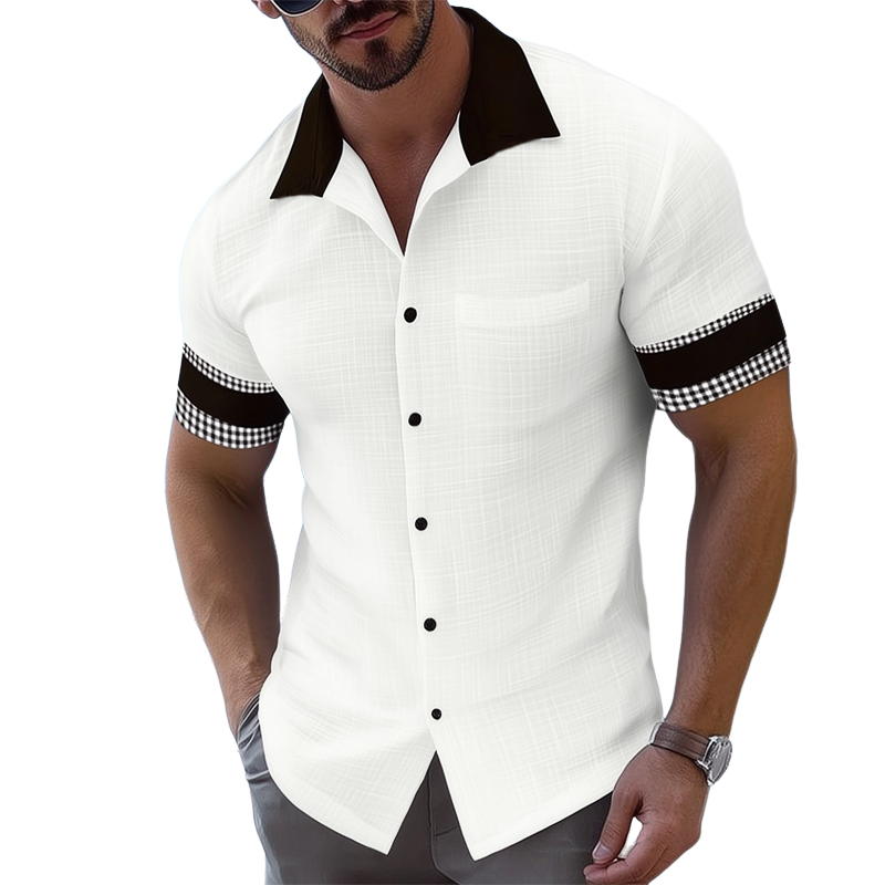 Men's Classic Textured Plaid Patchwork Short-sleeved Shirt MTA1798G3U