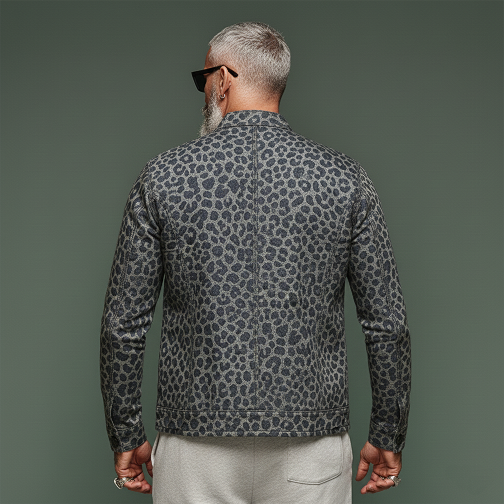 Men's Classic Vintage Stand-collar Leopard Print Jacquard Denim Jacket MTA1548L5K