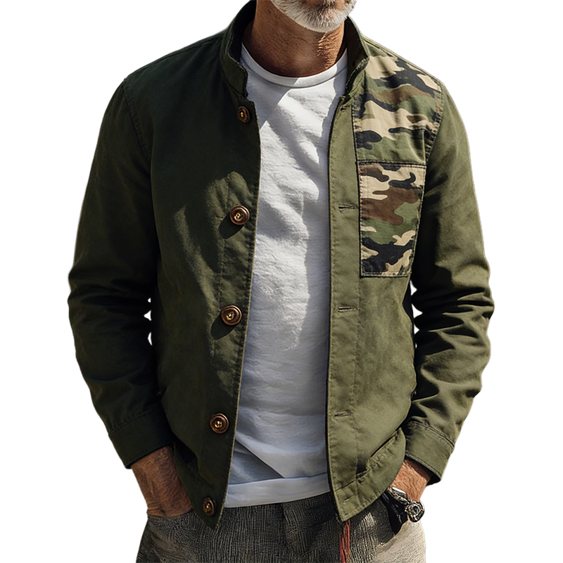 Men's Retro Casual Camouflage Patchwork Stand Collar Button Jacket MTA2206L6TO