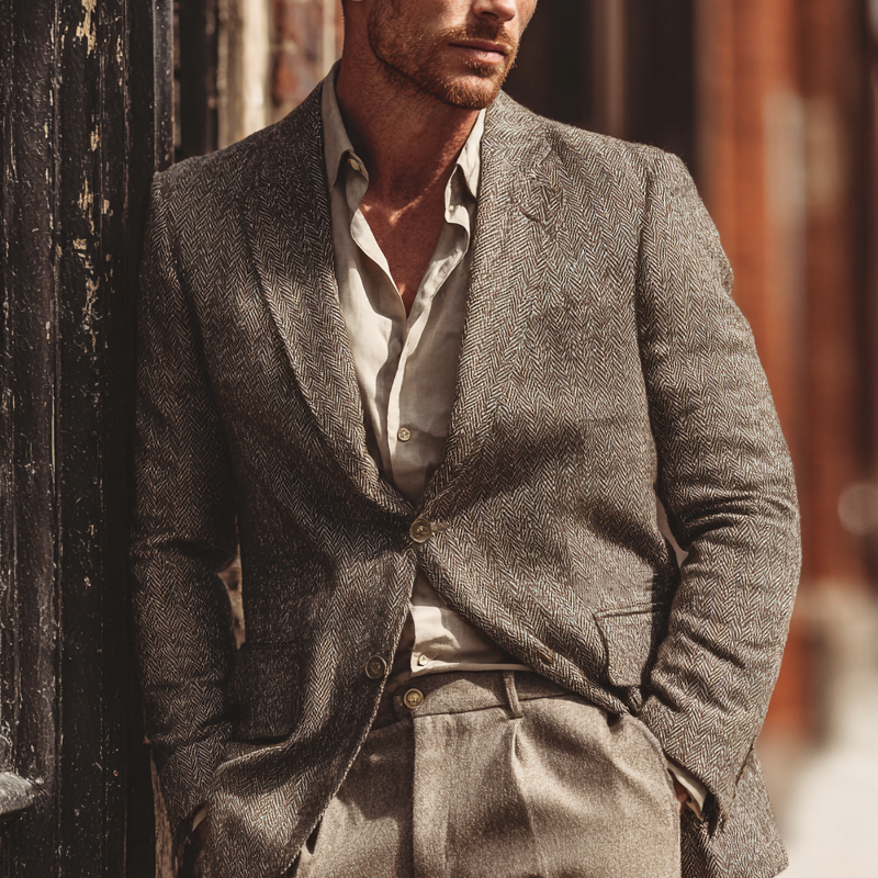 Men's Vintage Herringbone Textured Single-Breasted Blazer MTA0738H0X