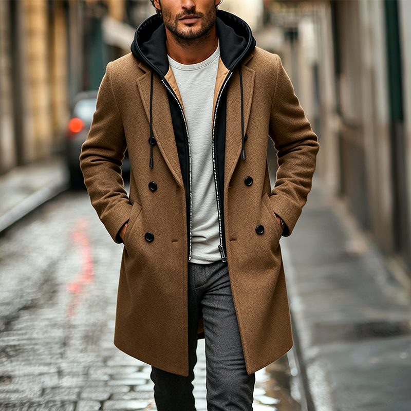 Men's Casual Contrast Color Fake Two-piece Faux Wool Mid-length Coat MTA2477J3X