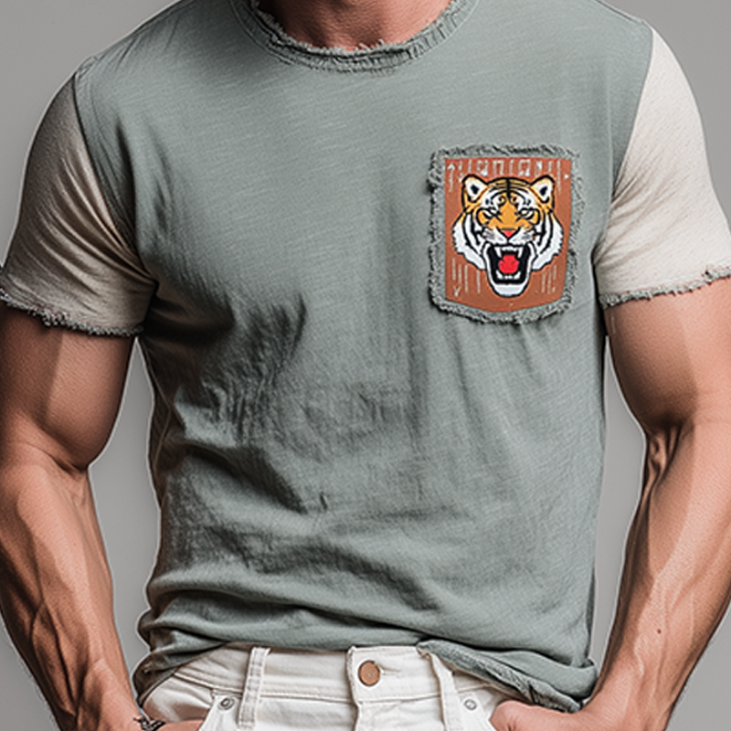 Men's Fashion Casual Cotton Blended Tiger Patch Embroidered Raw Edge Slim Fit Short Sleeve T-shirt MTA1521G6K
