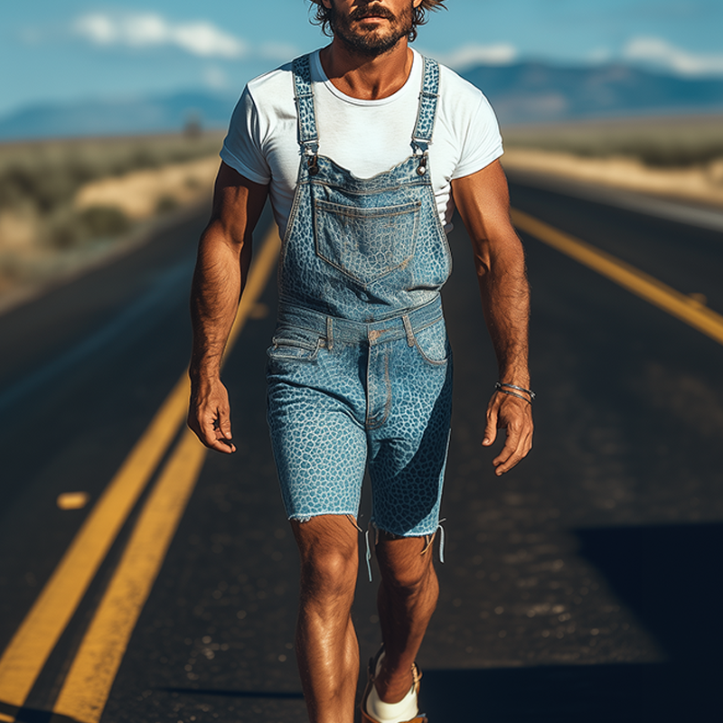 Men's Spring And Summer Fashion Personality Retro Western Cowboy Style Washed Denim Leopard Print Knee-length Overalls MTA1361E5K