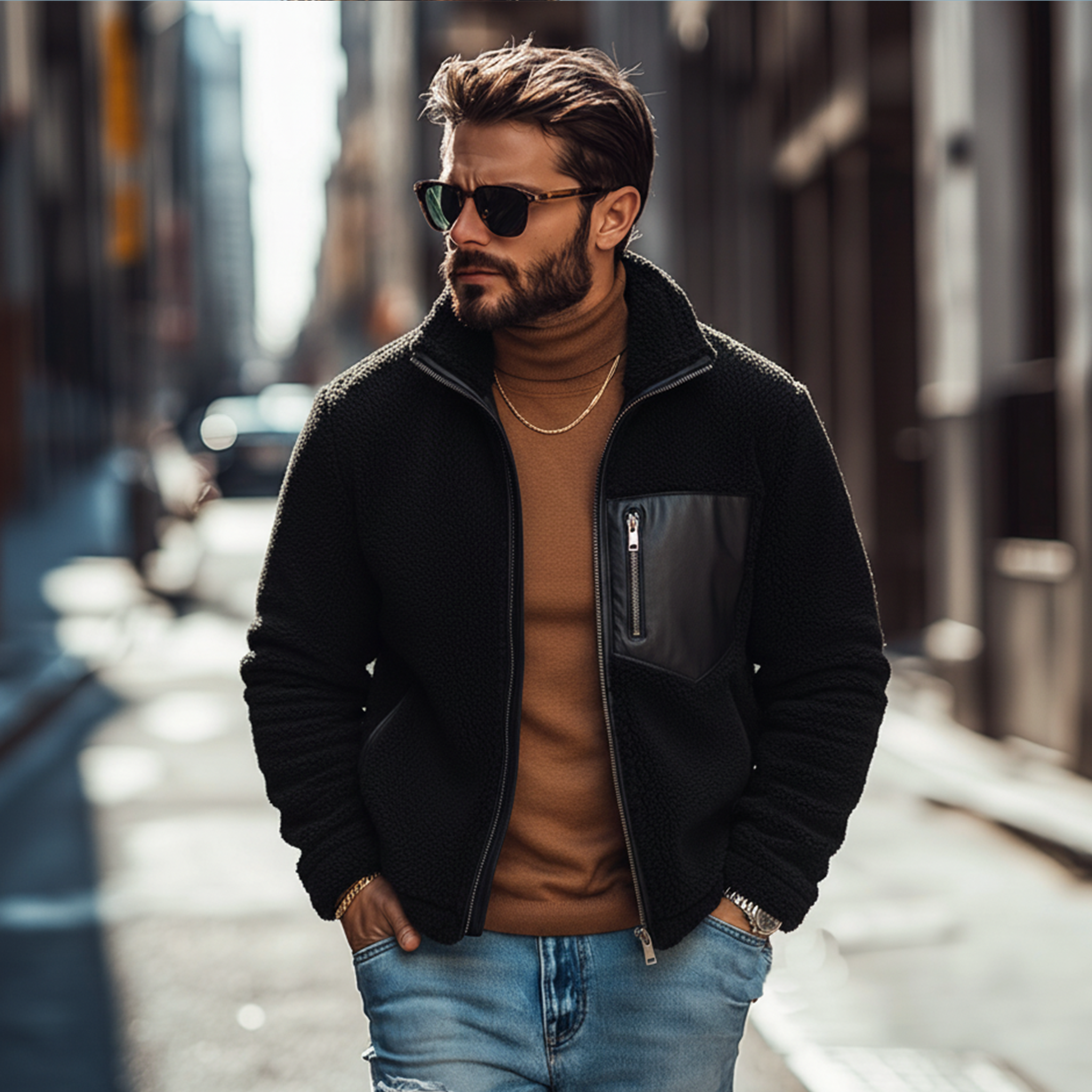 Men's Classic Fashion Stand Collar PU Leather Pocket Zipper Fleece Jacket MTA0106K1K