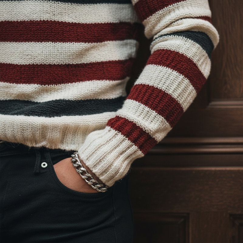 Men's Autumn Retro Contrast Striped Cotton Knitted V-Neck Sweater MTA1669J6P