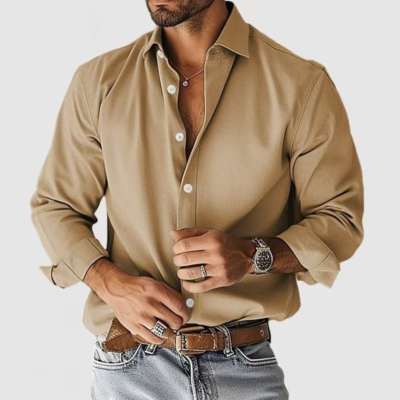 Men's Solid Color Cotton Blend Lapel Long Sleeve Shirt MTA1924I1X