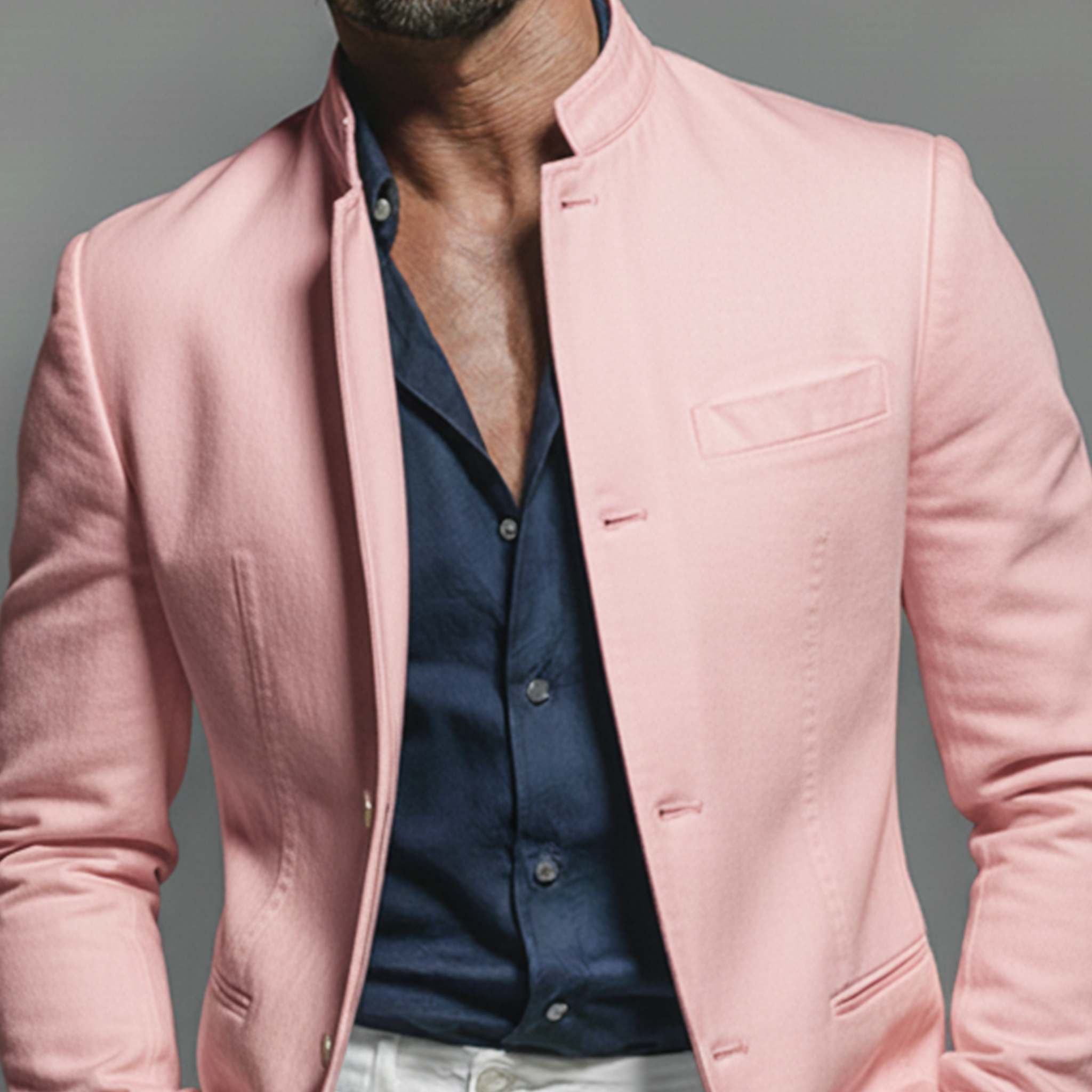 Men's Fashionable Casual Pink Twill Cotton Blend Stand Collar Jacket MTA0106L5K