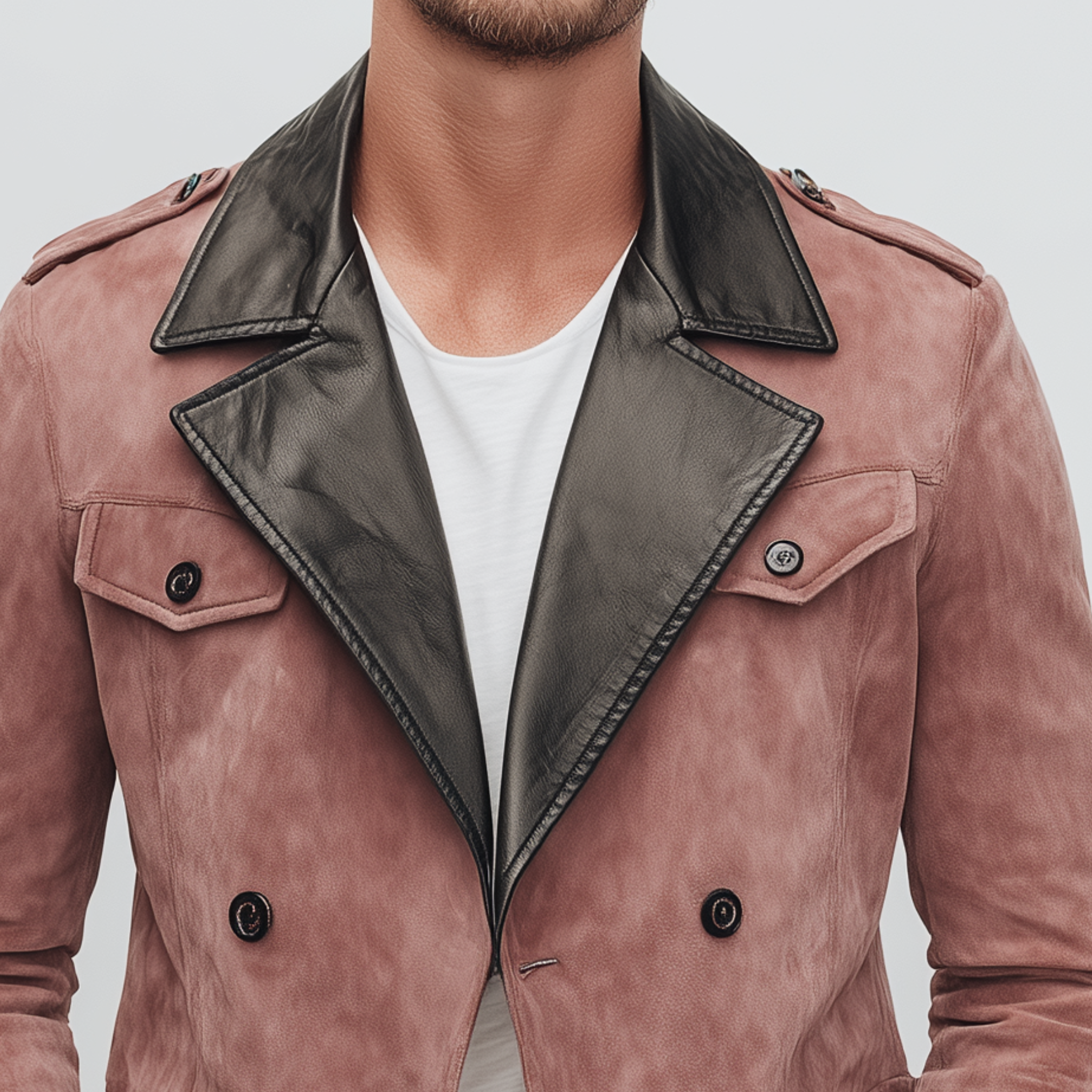 Men's Classic Casual Lapel PU Leather Double-breasted Pink Suede Multi-pocket Jacket MTA0225I4K