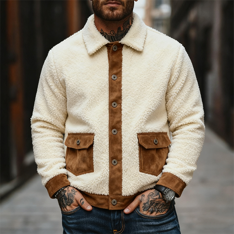Men's Casual Fleece Patchwork Faux Suede Collar Button Jacket MTA1182K0X