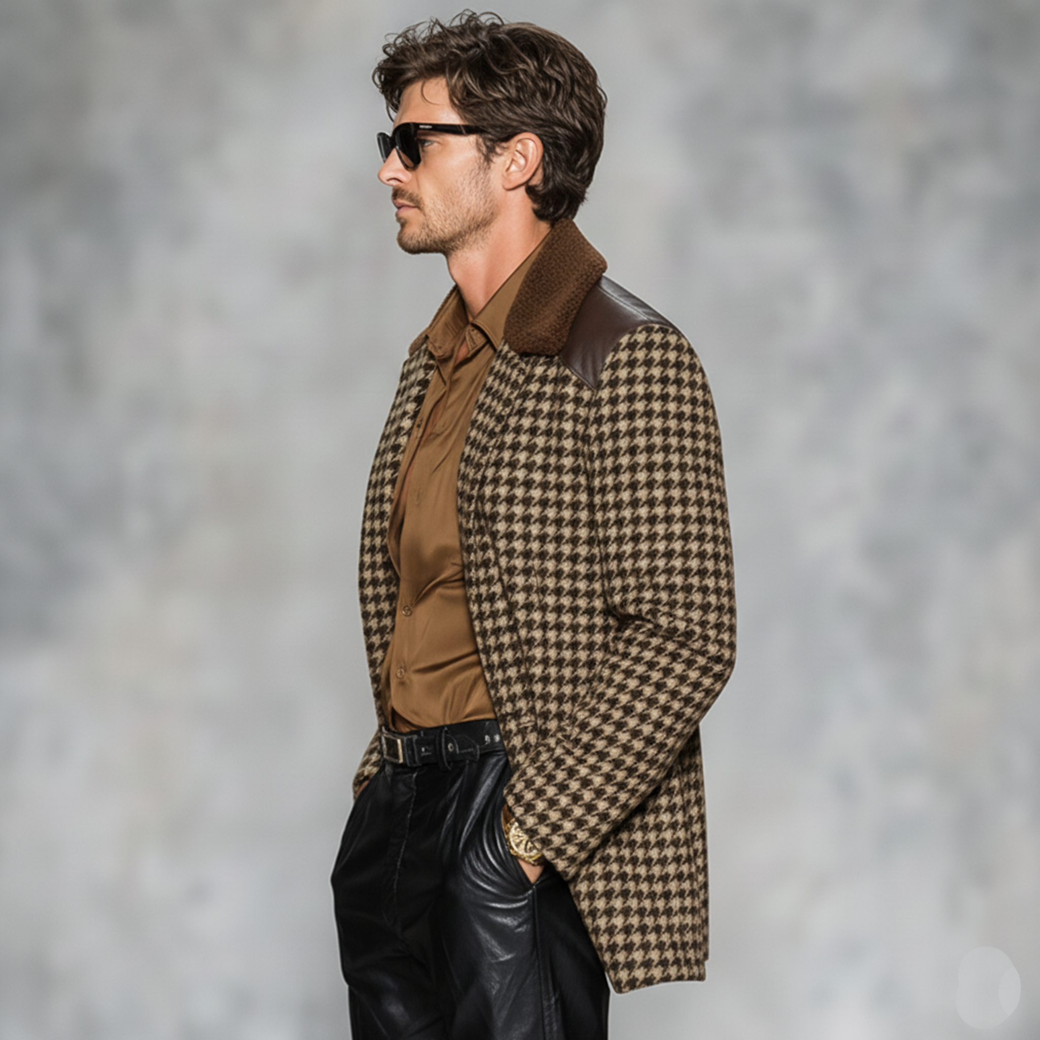 Men's Classic Casual Fleece Lapel PU Leather Single-breasted Faux Houndstooth Wool Coat MTA0496K5K