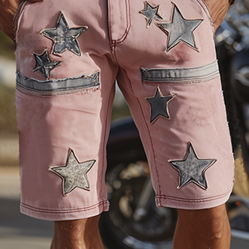 Men's Spring And Summer Fashion Casual Outdoor Washed Denim Patch Pattern Shorts MTA1808F9K