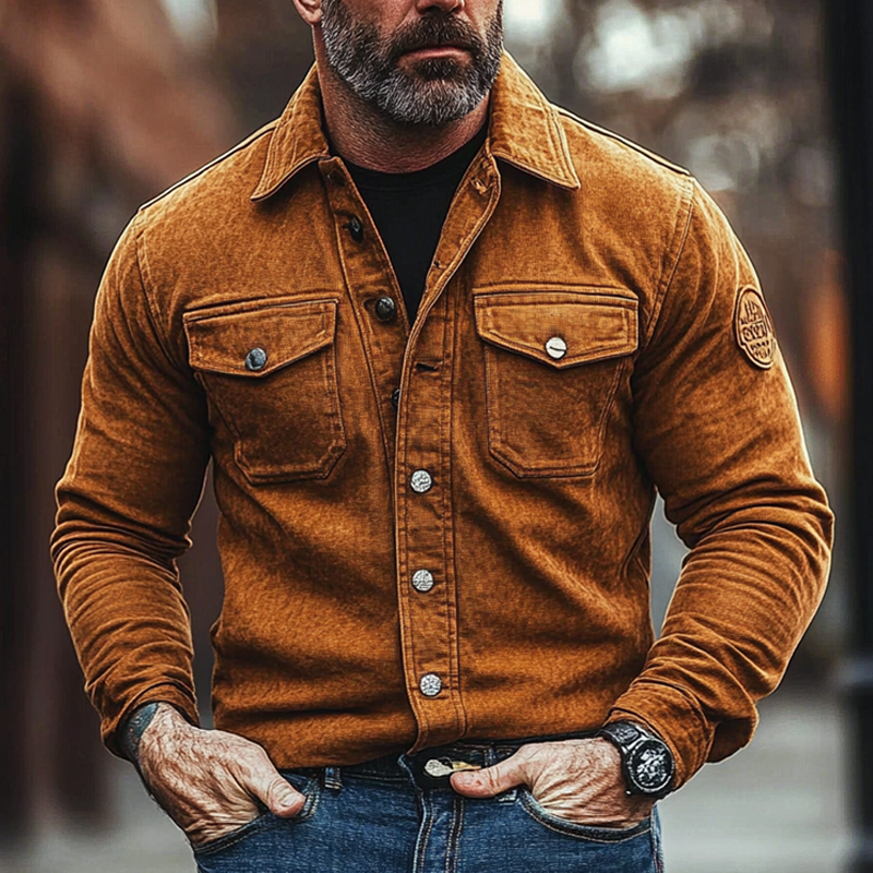 Men's Solid Color Faux Suede Lapel Long Sleeve Shirt MTA2621H4X