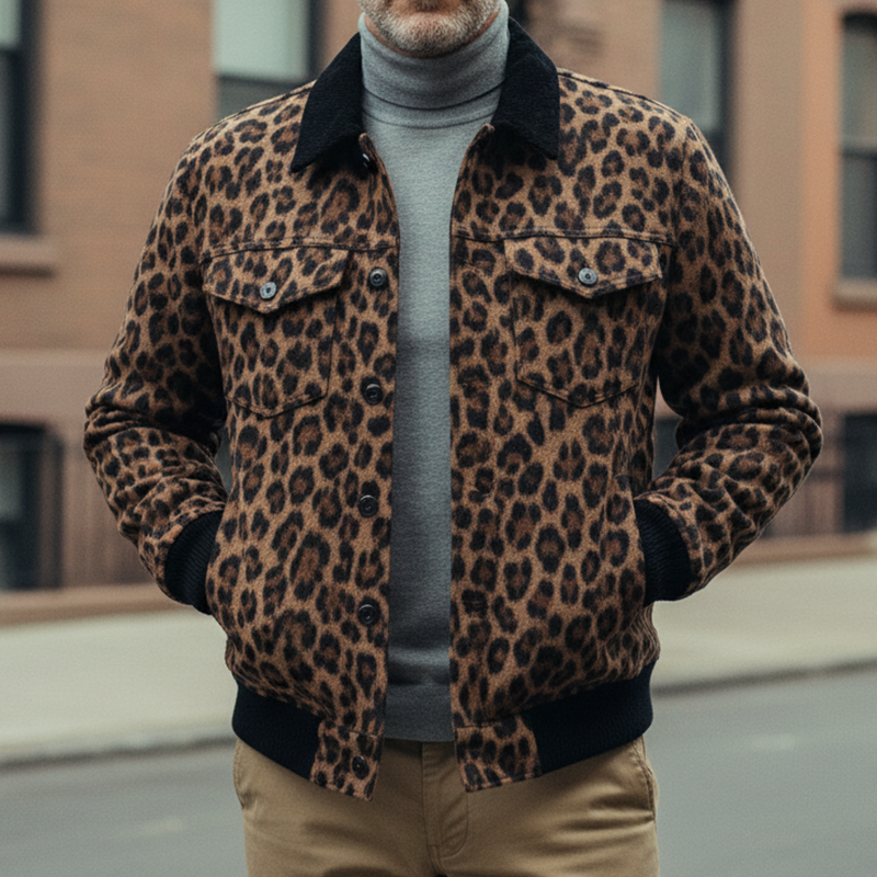 Men's Vintage Casual Leopard Print Lapel Jacket MTA2406I0TO